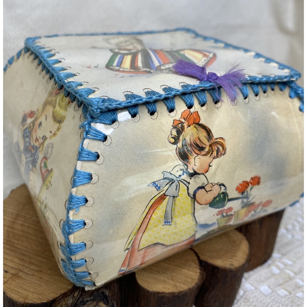 Vintage Handmade Stitched Ephemera Greeting Card Trinket Box Crocheted Trim